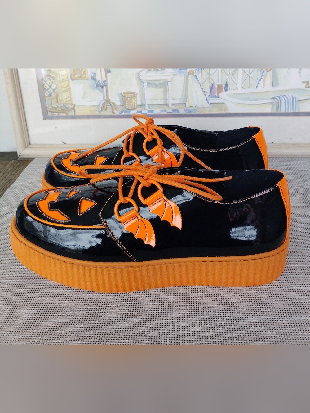 Strange CVLT "Krypt Jack O'Lantern" Black Vegan Patent Leather Creepers. Size 12